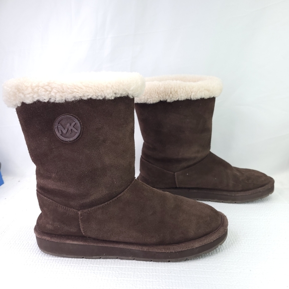 Michael Kors MK Brown Suede Leather Winter Boots Sheep Fur Lined Booties Size 10 - Picture 1 of 8